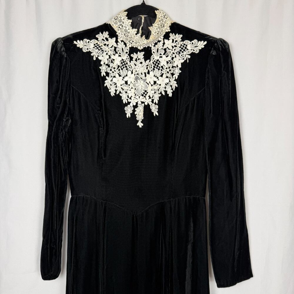Vintage 1980s Gunne Sax Jessica McClintock Black Velvet Midi Dress Basque 9 - Picture 5 of 16